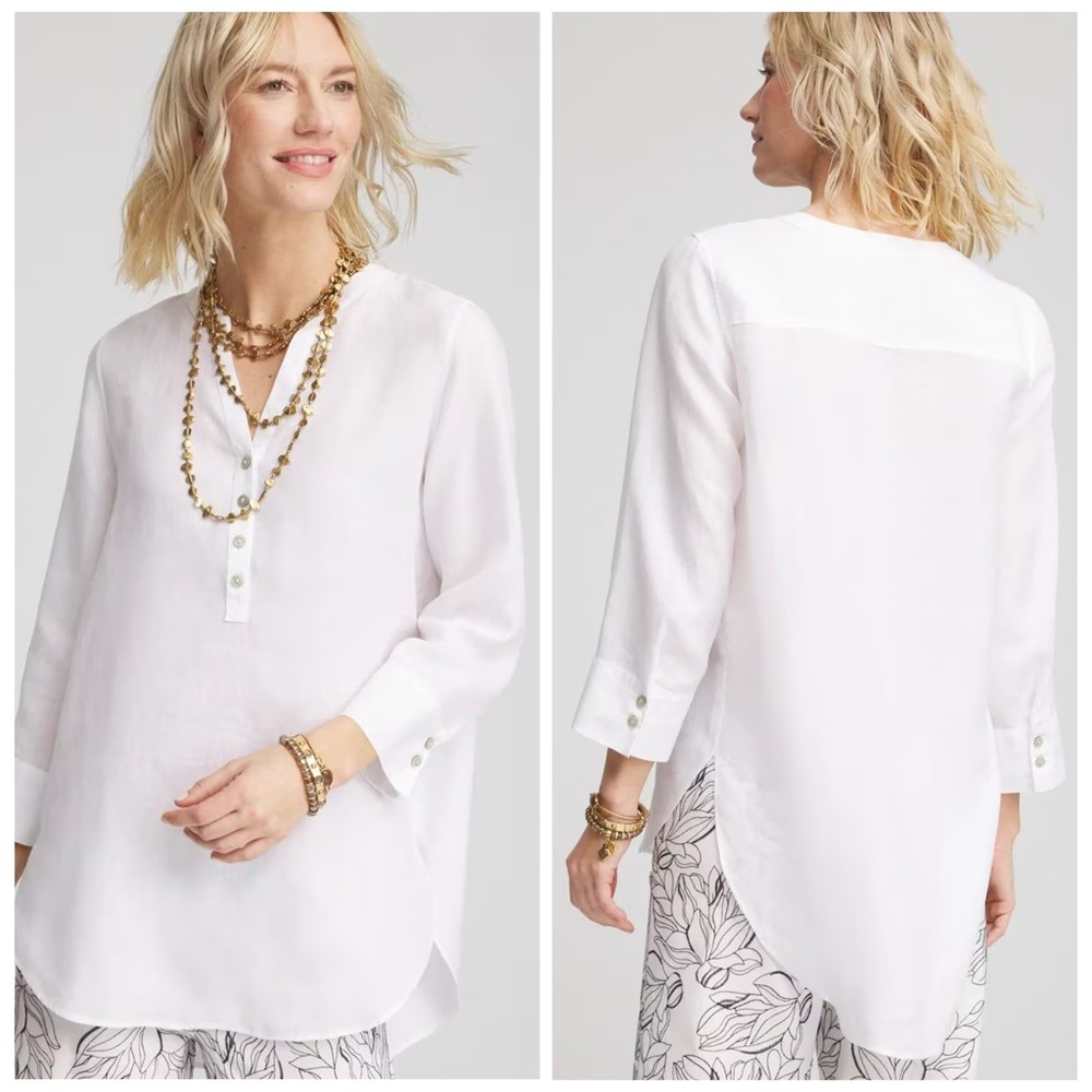 CHICO’S NWT 2 / Women’s L No Iron Linen Tunic in Optic White • Neutral Blouse - Picture 10 of 11